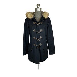 Black wool pea coat with hood and wood buttons Size S/M